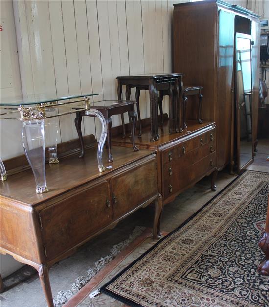 Walnut triple wardrobe, washstand & dressing table